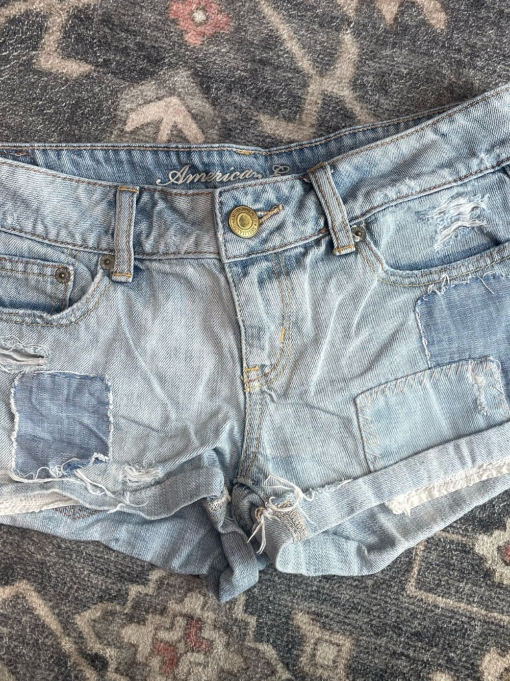American Eagle Outfitters Pale Blue Patchwork Distressed Denim Shorts